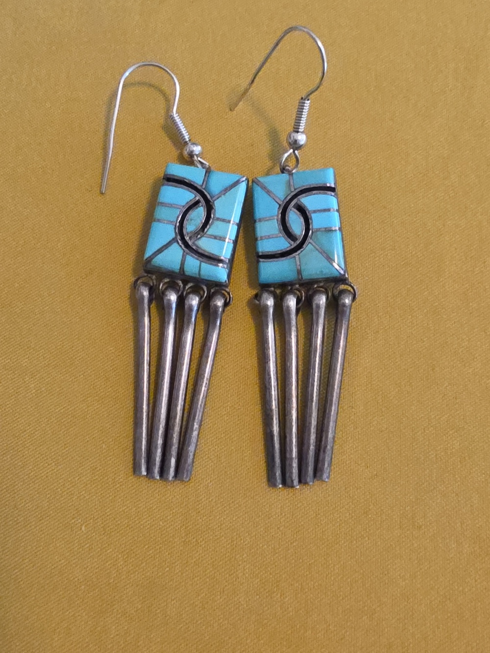 Vintage Turquoise Inlay Sterling Silver Earrings- CC Hallmark Zuni Pueblo Design